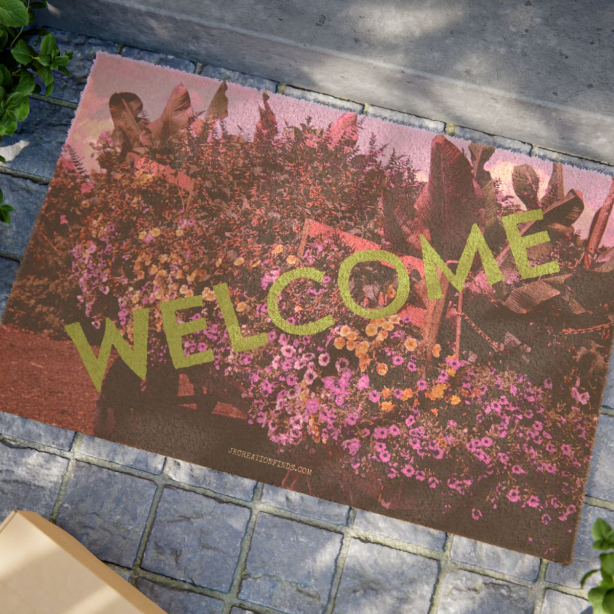 Colorful Welcome Doormat with Flower Garden Print
