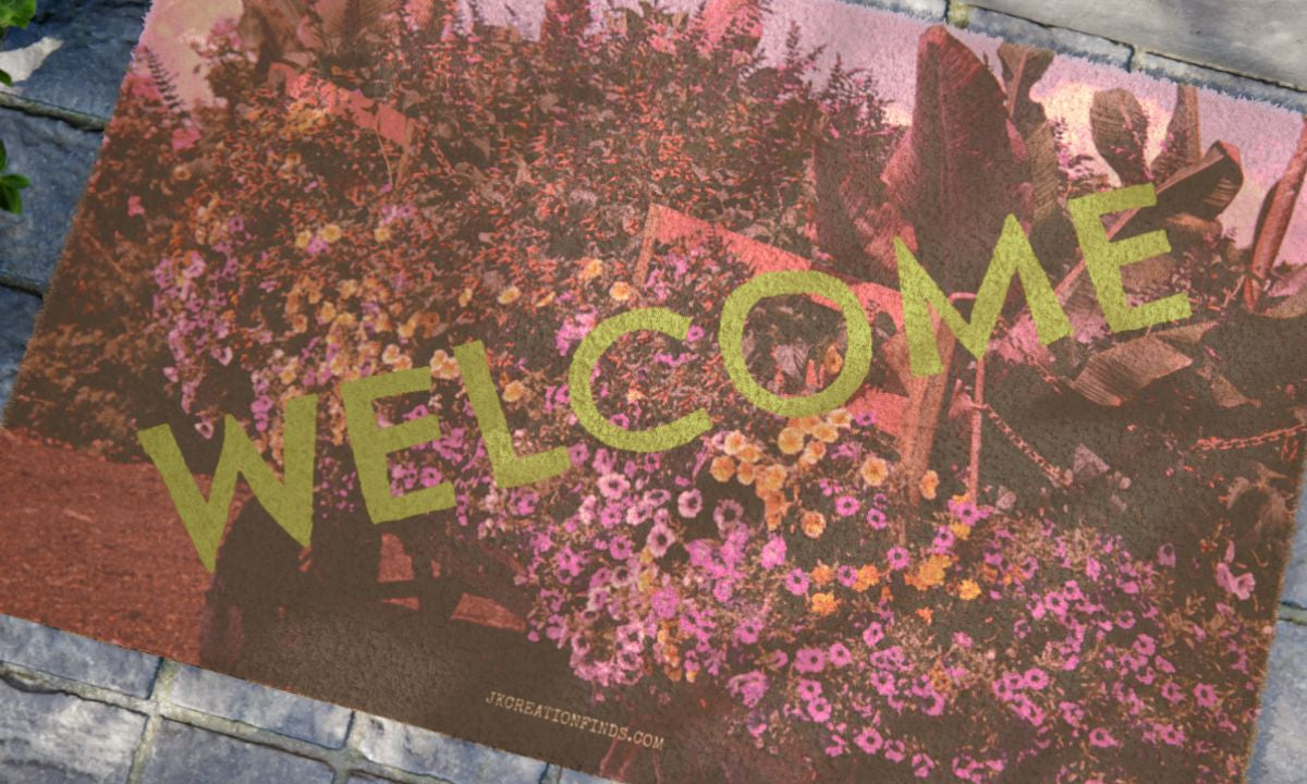 Colorful Welcome Doormat with Flower Garden Print