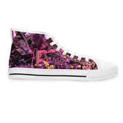 White high-top sneaker with a floral garden print in purple and yellow hues.