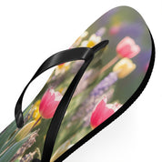 Flip-flops with a close-up floral print of pink tulips and yellow daffodils.