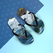 Flip-flops with ocean wave design on a blue and light blue background.