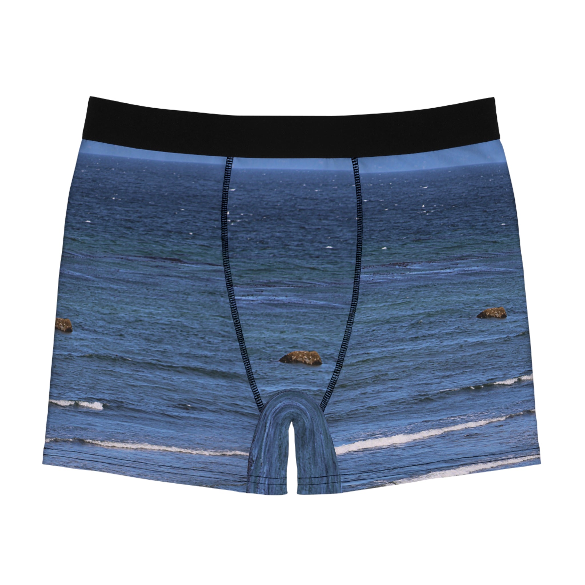 Boxer briefs with a wave and ocean rock print.
