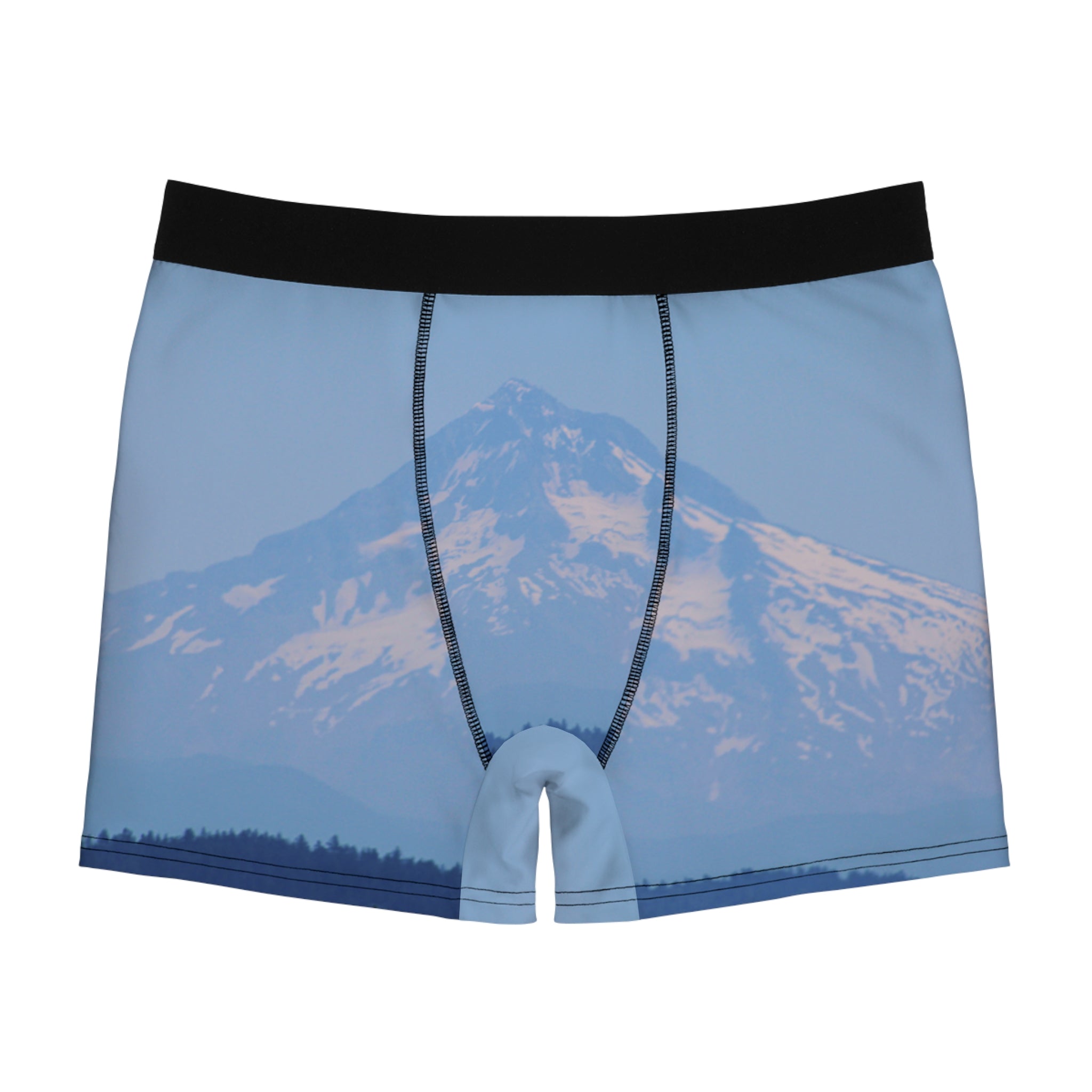 Boxer briefs featuring a snow-capped mountain landscape print.