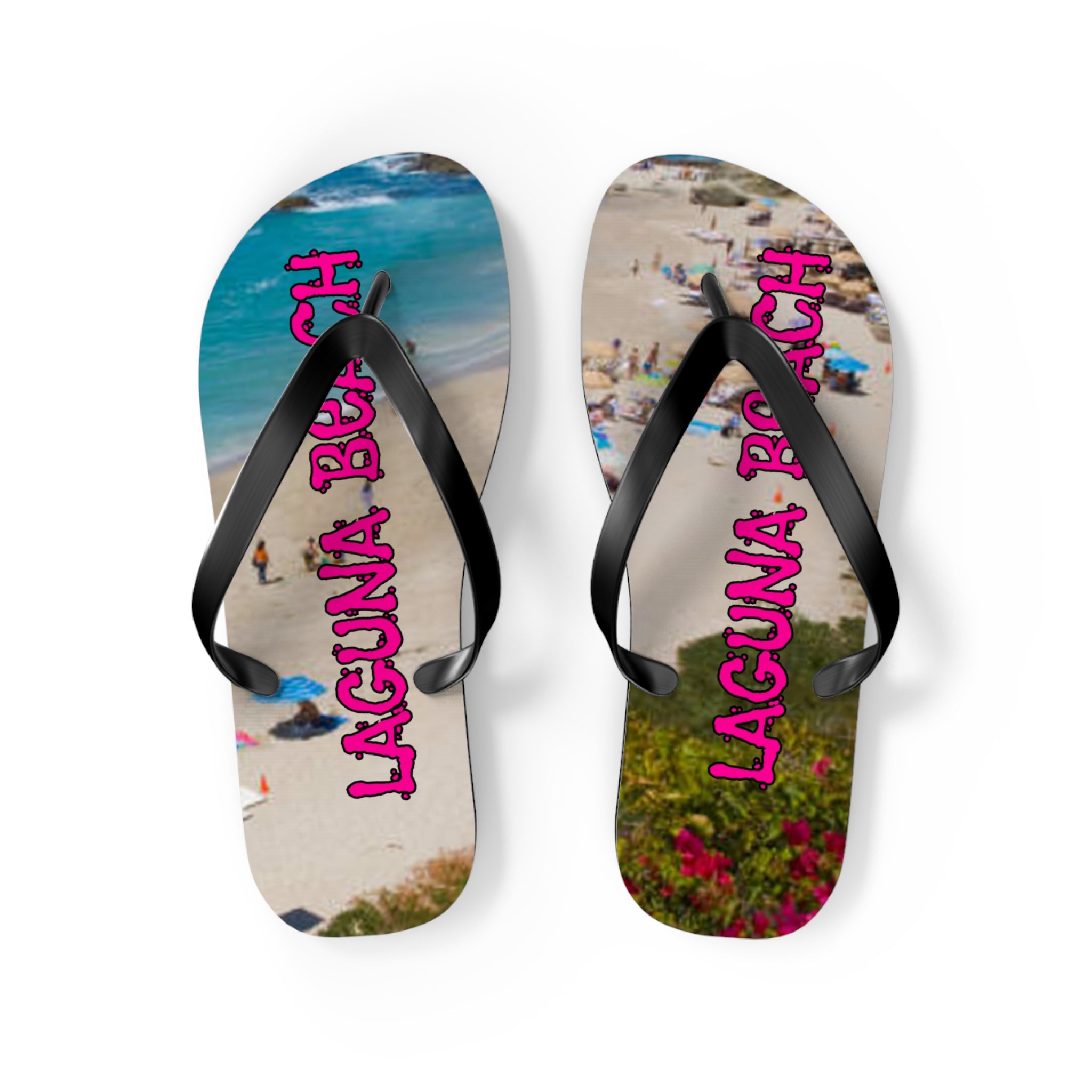 Flip-flops with "Laguna Beach" in pink script on a beach scene.
