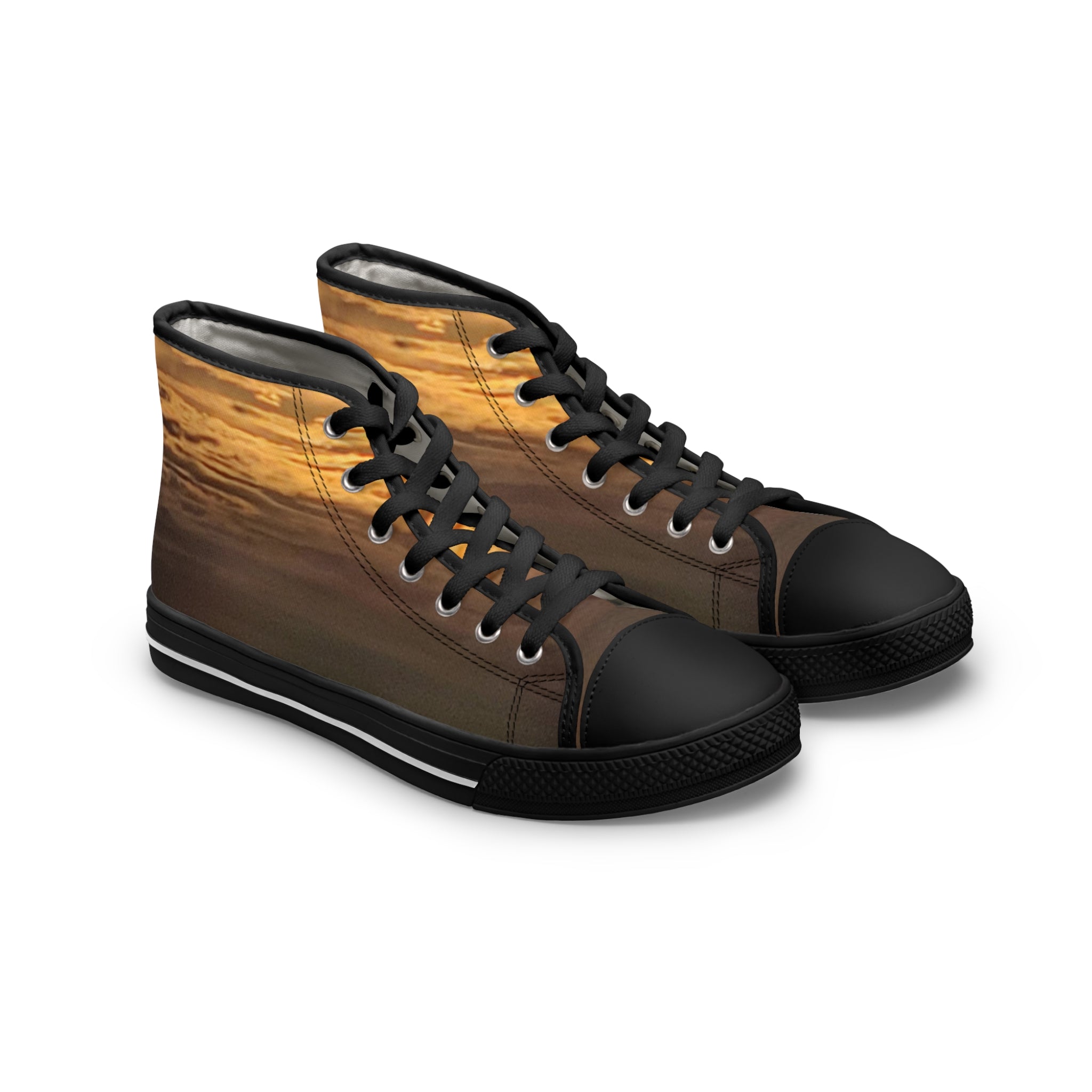 High-top sneakers with a sunset sky pattern on white background.