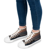 High-top sneakers with jumping dolphins on a sunset ocean print.