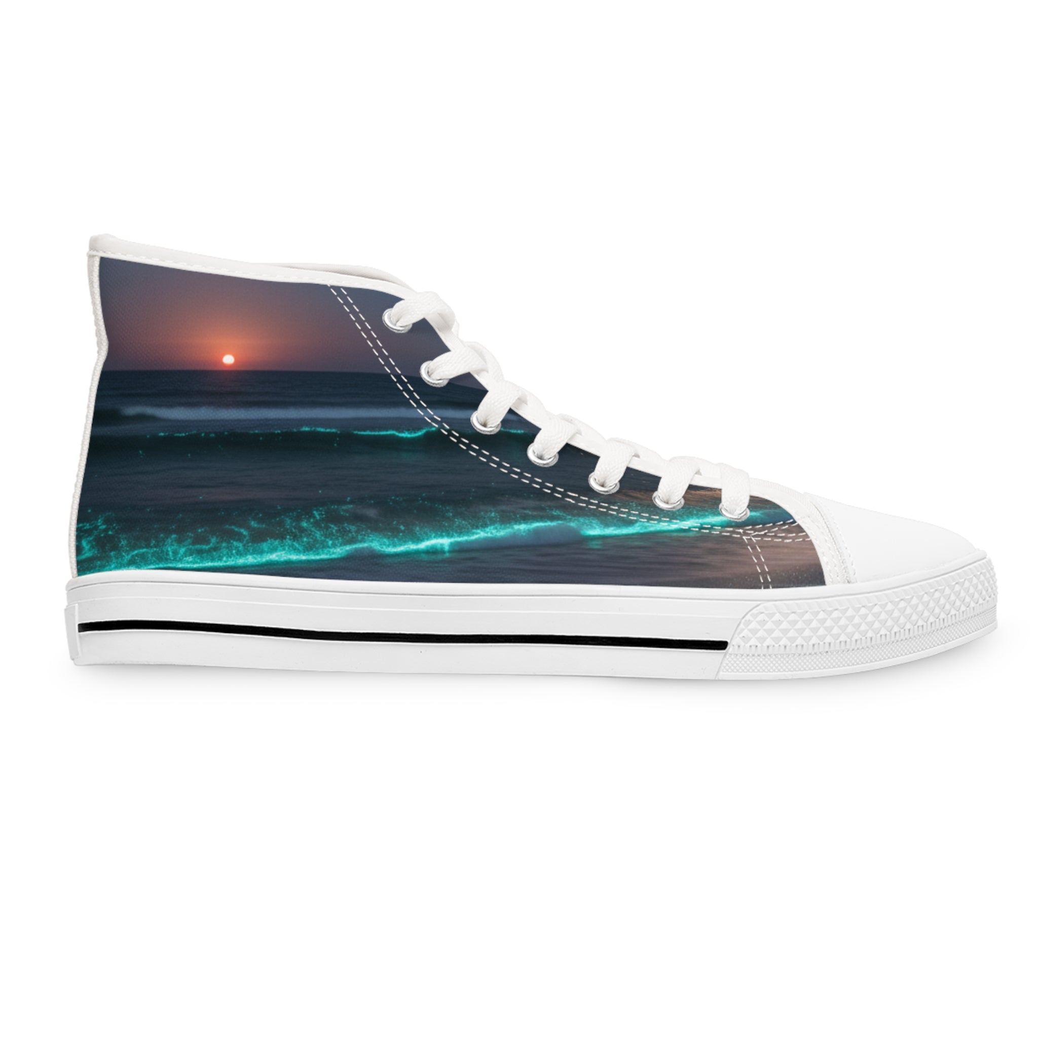 High-top sneaker with a glowing ocean wave sunset design.
