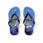 Flip-flops with "Laguna Beach" and purple flowers against a nighttime beach scene.