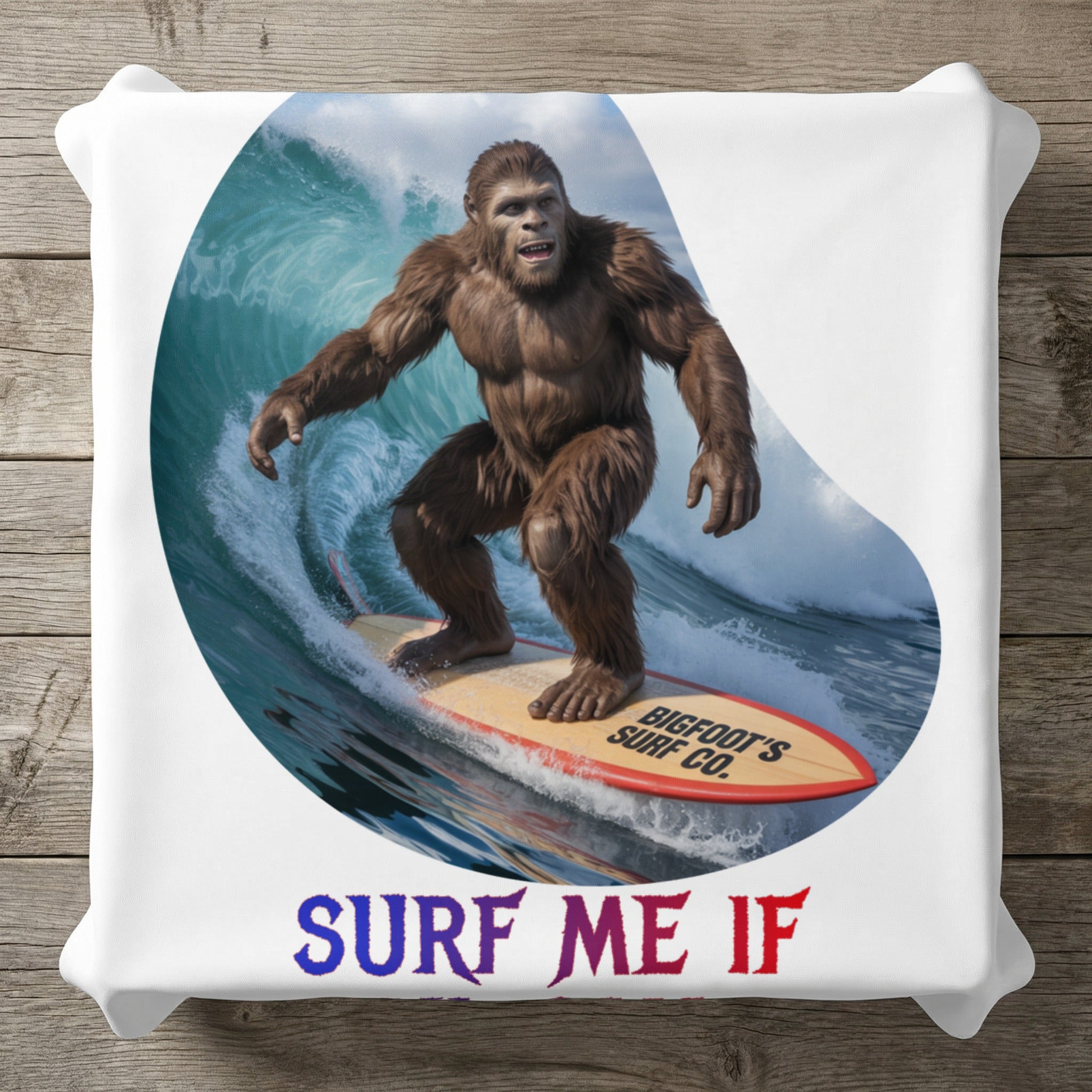 Bigfoot surfing a wave on a surfboard with "BIGFOOT'S SURF CO." text.