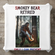 Smokey Bear retires with "Help Me!" message and fire at foot.