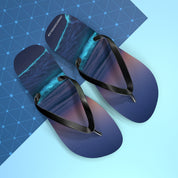 Ocean wave flip-flops with a minimalist grid background.