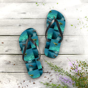 Flip-flops with a repeating pattern of sea turtles swimming underwater.