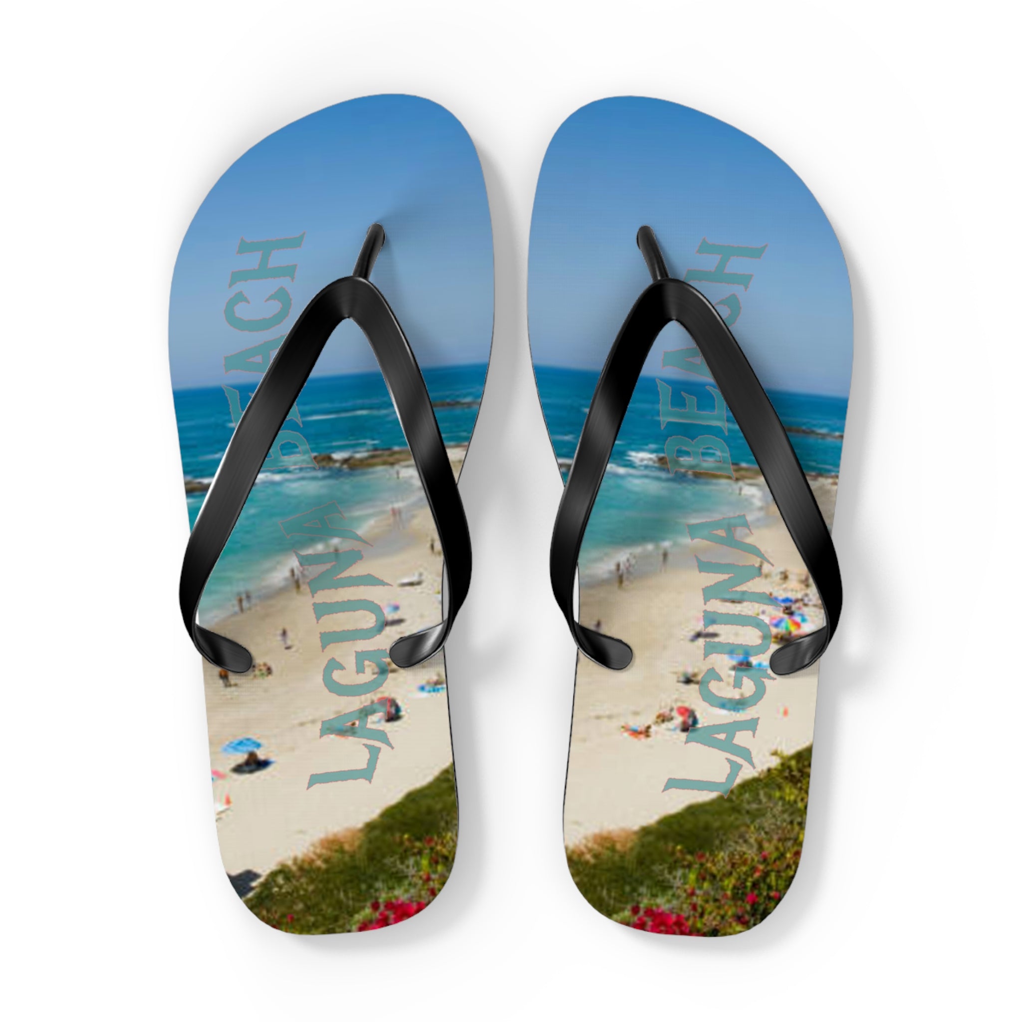 Laguna Beach flip-flops with ocean waves and beachgoers.
