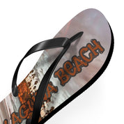 Flip flops with "LAGUNA BEACH" text and a wood grain pattern.