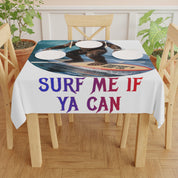 Bigfoot surfing on a tablecloth with "SURF ME IF YA CAN" text.