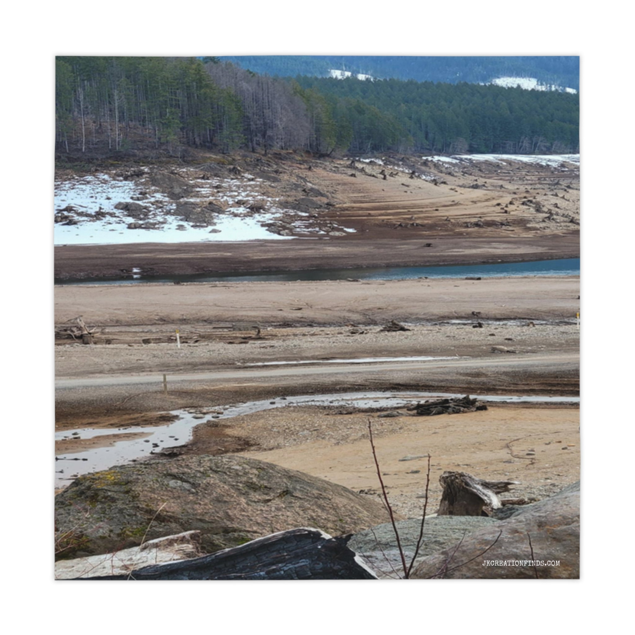 Dry lakebed with trees and distant snow-capped mountains.