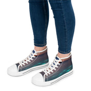 High-top sneakers with abstract cosmic or aurora borealis design.