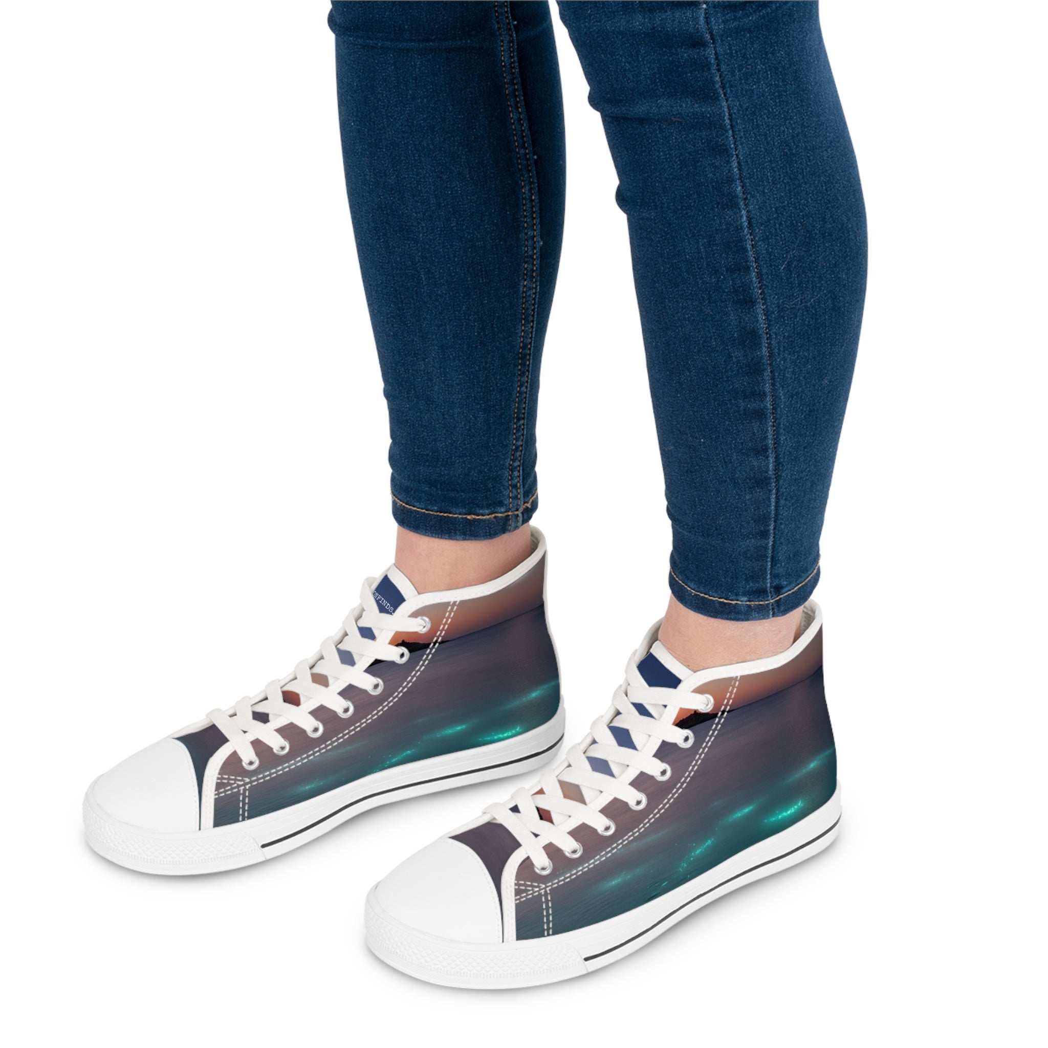 High-top sneakers with abstract cosmic or aurora borealis design.