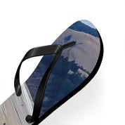 Flip-flop with mountain landscape printed on the sole.