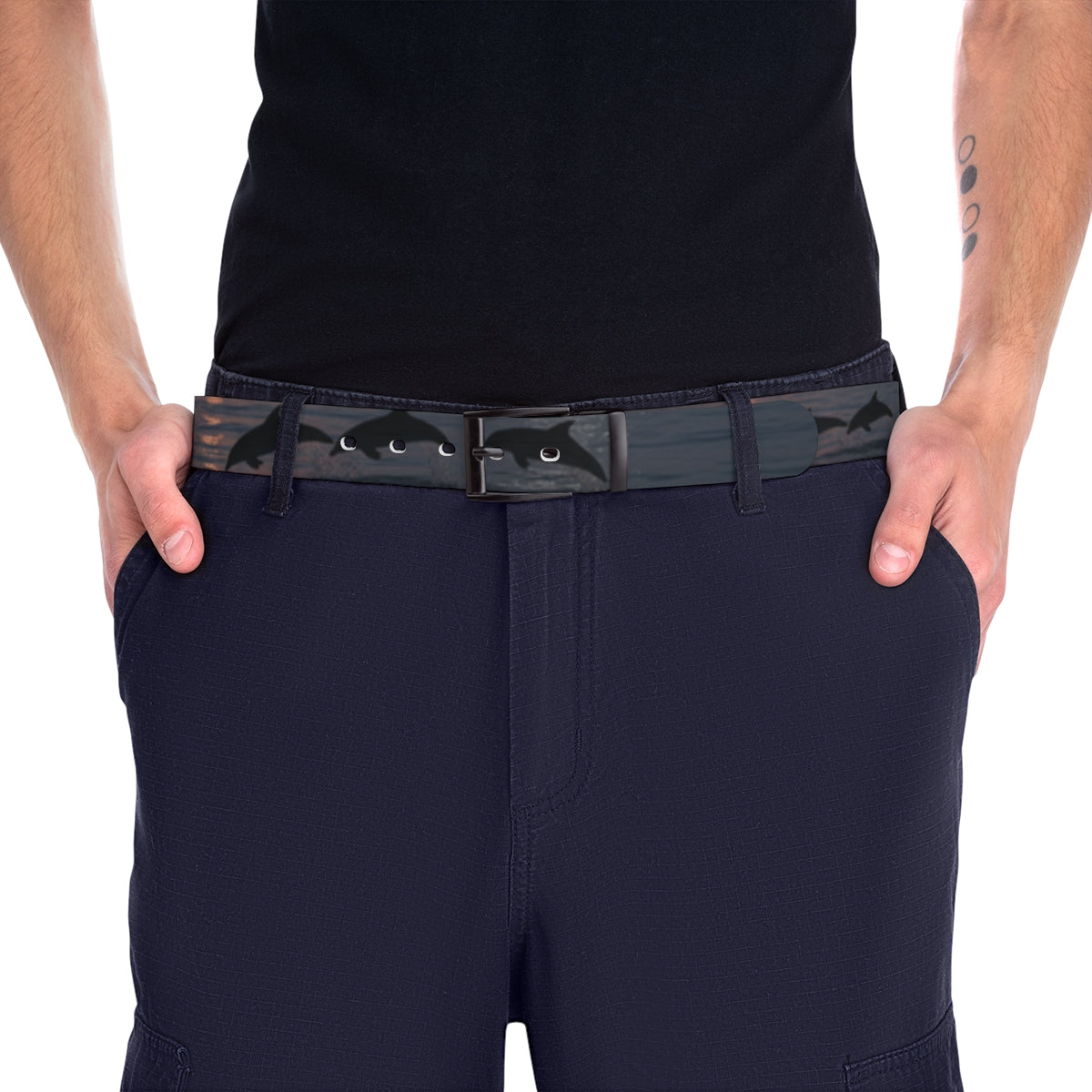 Stylish Dolphin Pattern Black Belt with Buckle Accessory
