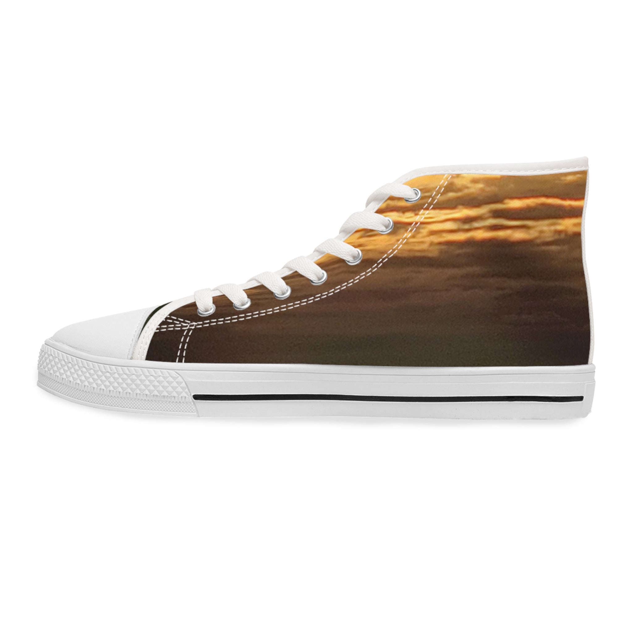 High-top sneaker with a sunset sky pattern on a white background.
