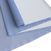 Rolled light blue fabric with white stitching against a white background.