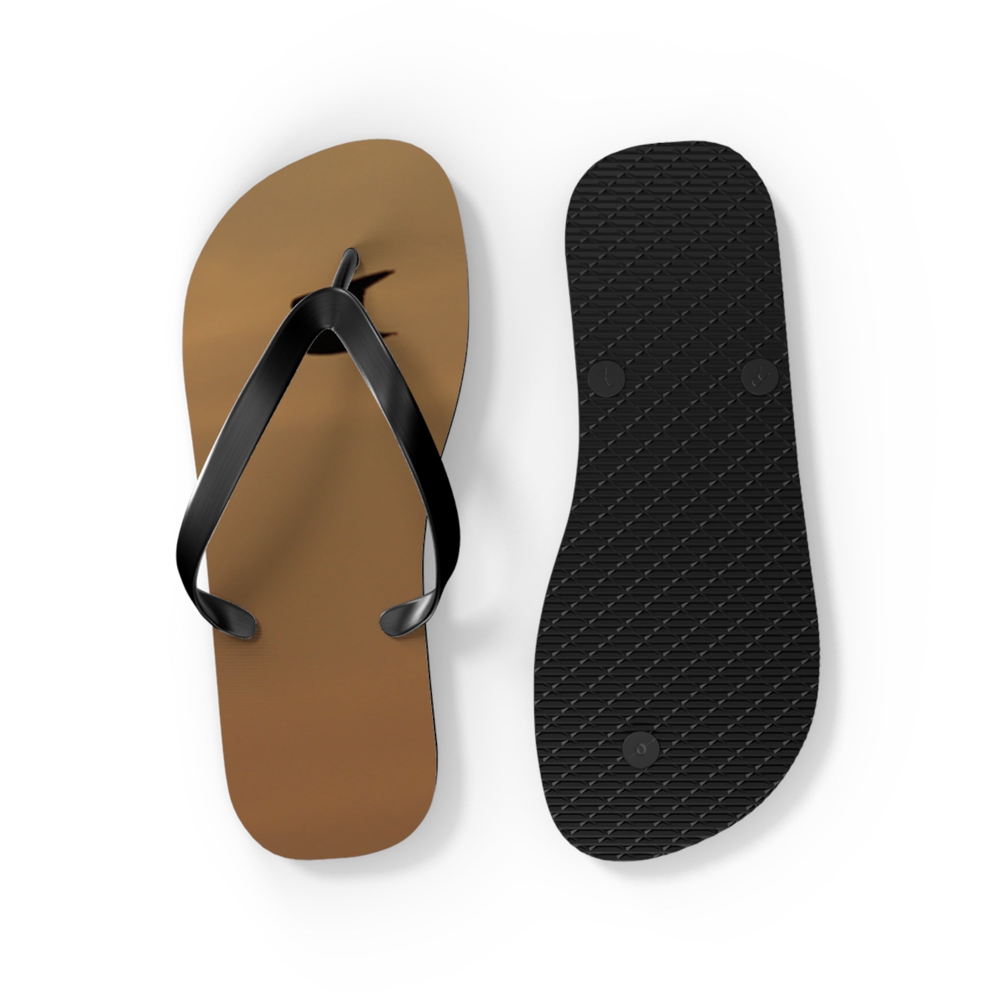 Brown flip-flops with black straps, showing the top and bottom soles.