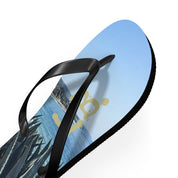 Flip-flops with a tropical beach and agave plant scene.