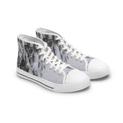 High-top sneakers with a black and white snowy tree branch pattern.