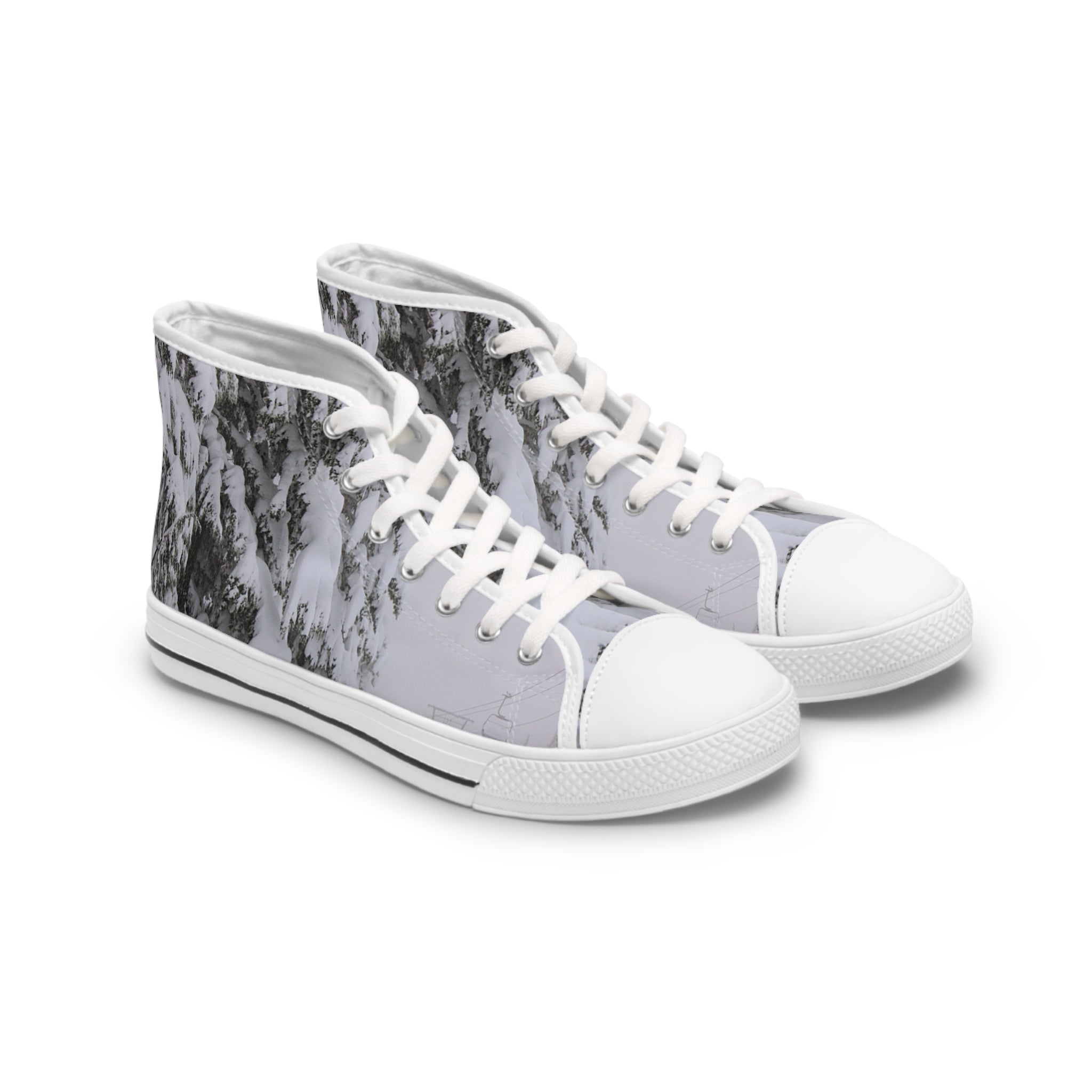 High-top sneakers with a black and white snowy tree branch pattern.