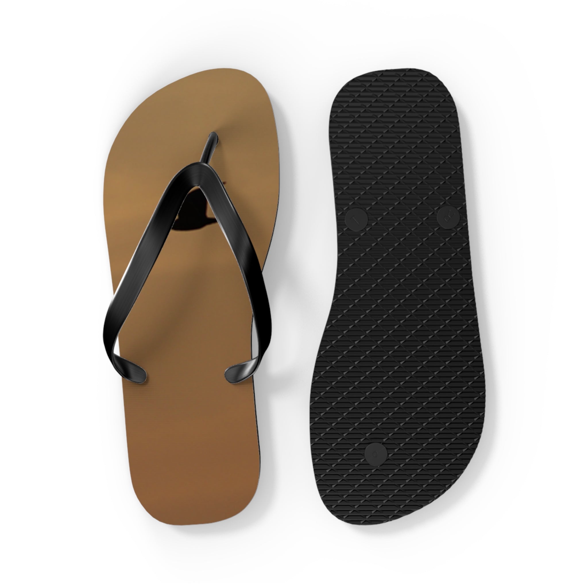 Brown flip-flops with black straps, top view, and sole view.