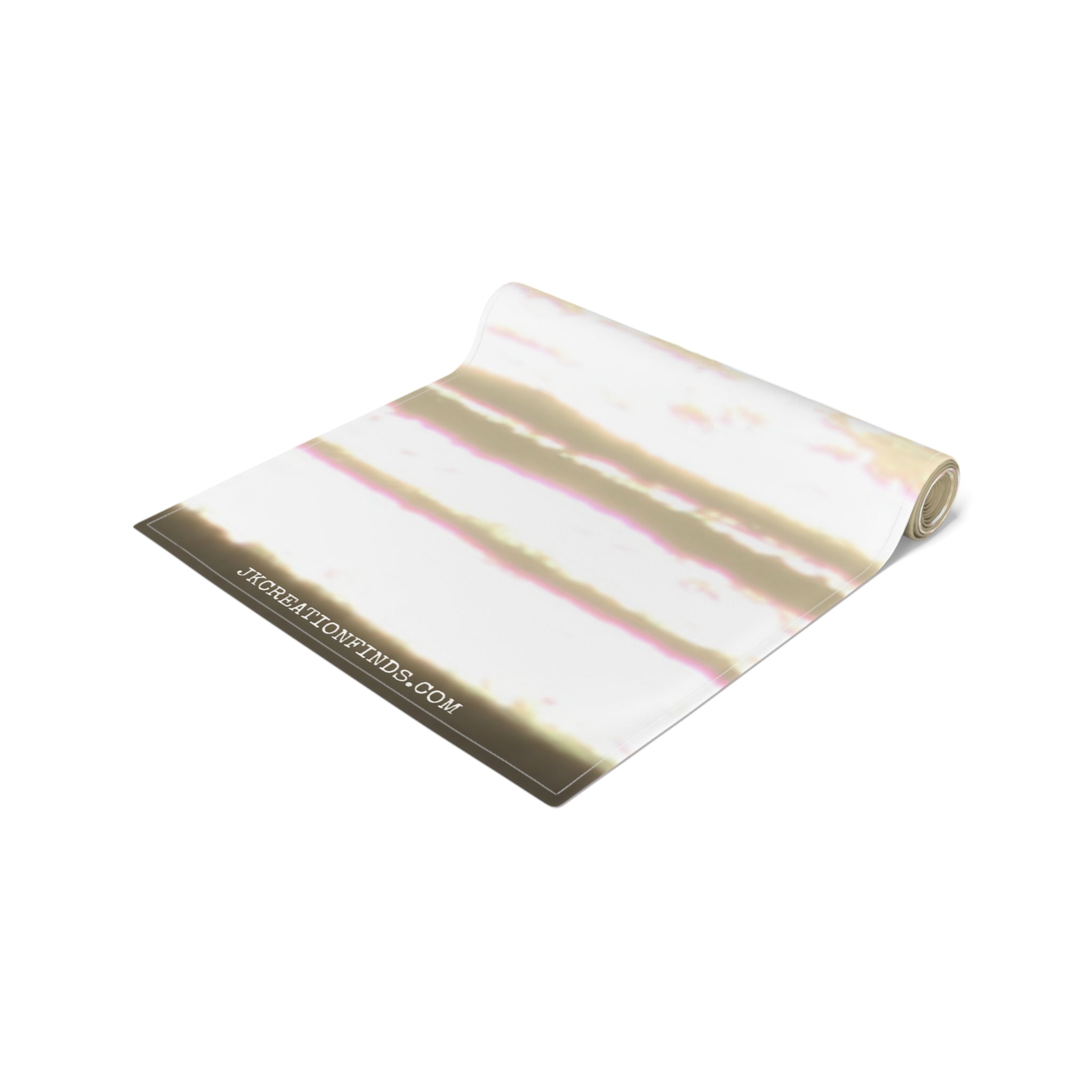 Rolled fabric with tan, pink, and white striped pattern and website URL.