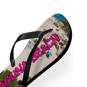 Flip-flop with "Laguna Beach" in pink lettering and a beach scene.