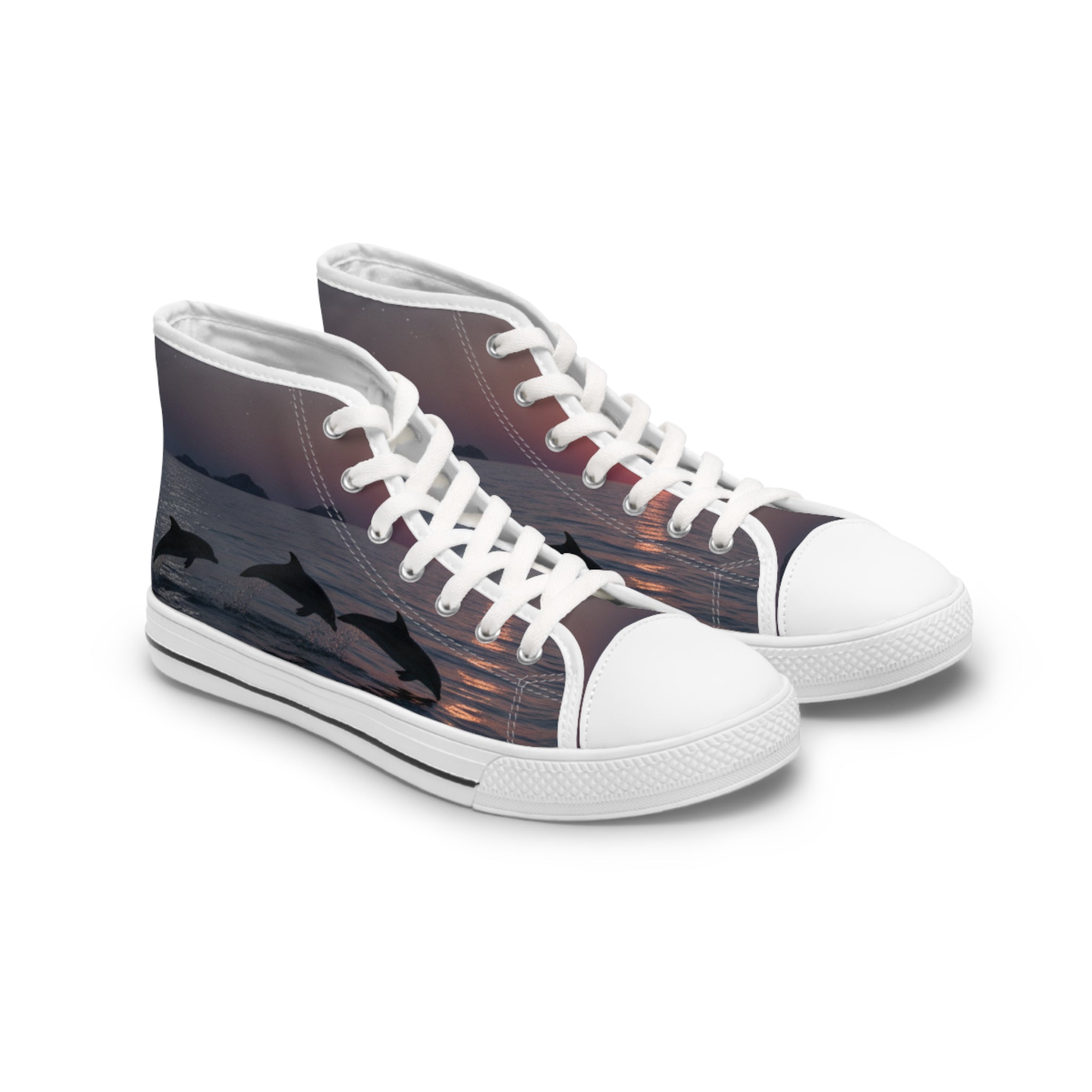 High-top sneakers with a sunset and leaping dolphins graphic.