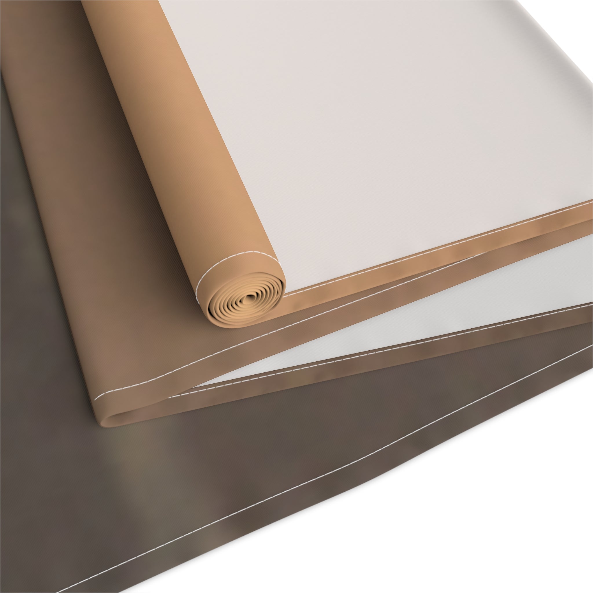 Rolled fabric samples in brown, tan, and white with stitched edges.