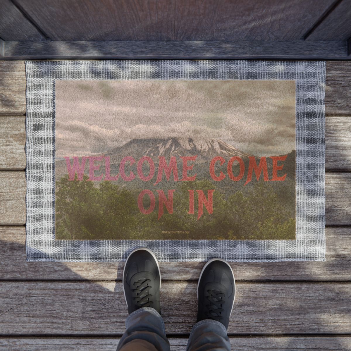 Welcome Come On In Door Mat with Scenic Mountain View