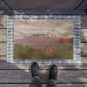 Welcome Come On In Door Mat with Scenic Mountain View