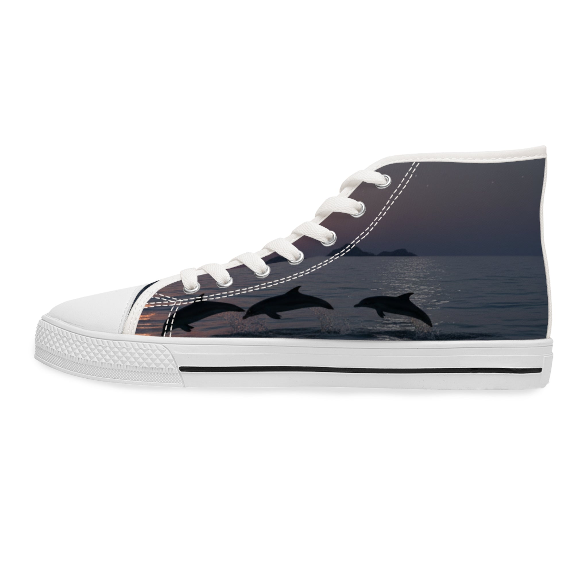 High-top sneakers featuring leaping dolphins against a sunset ocean scene.