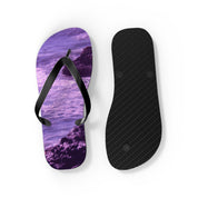Purple floral flip-flop with black straps, shown with sole.