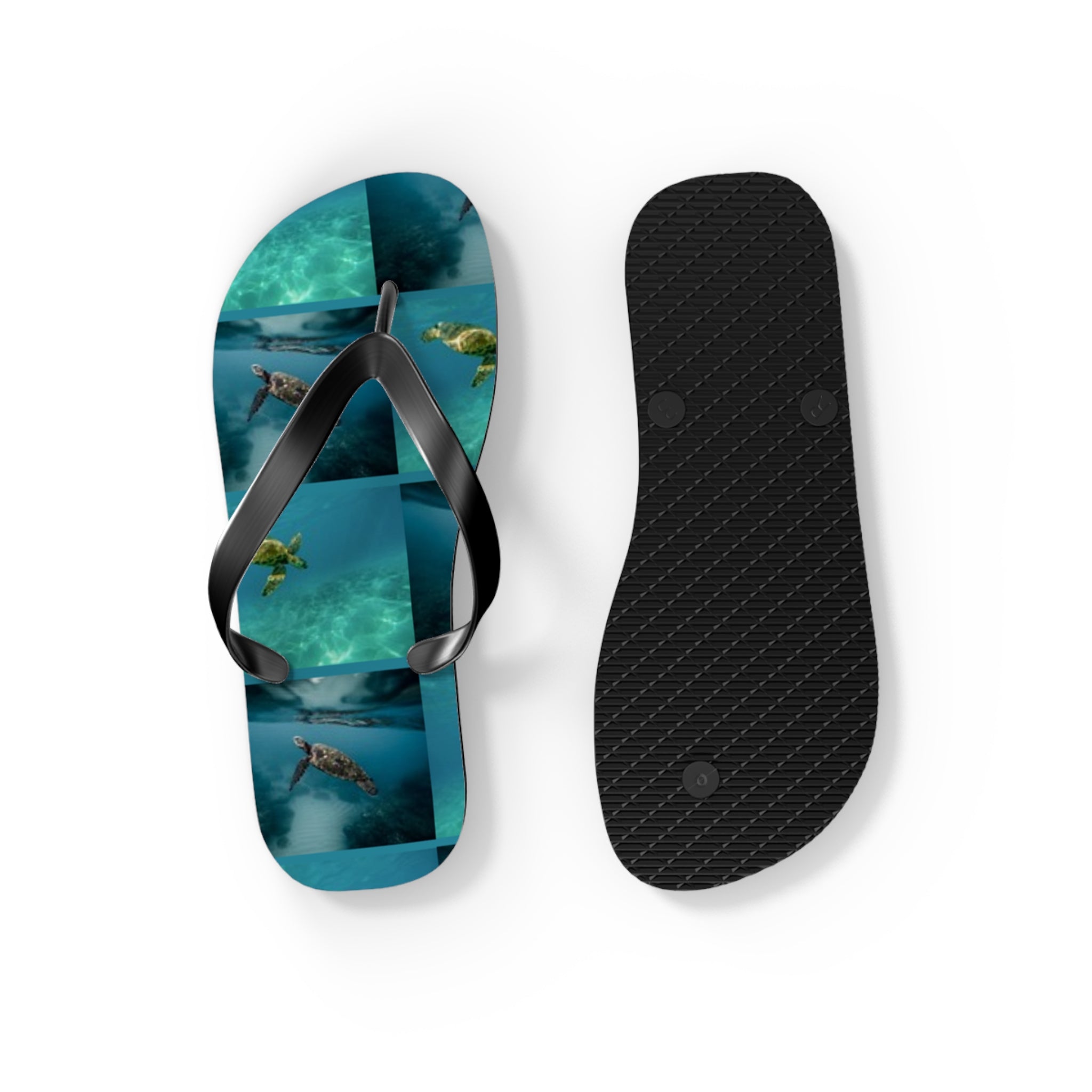 Flip-flops with sea turtles swimming underwater on the soles.