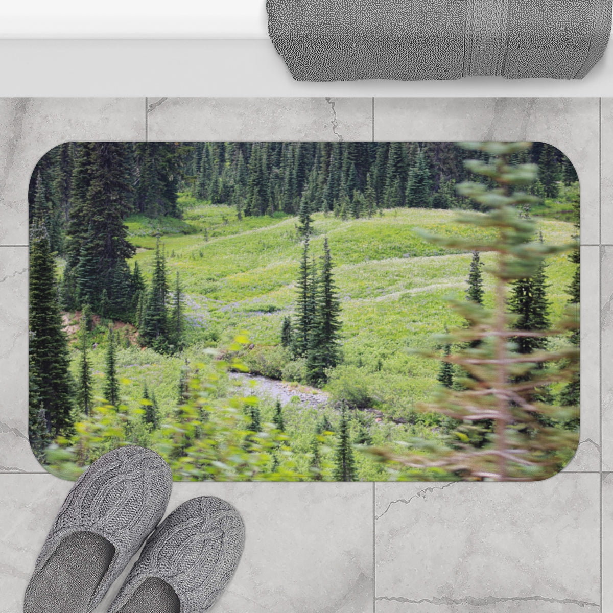 Serene Forest Landscape Design Bathroom Mat