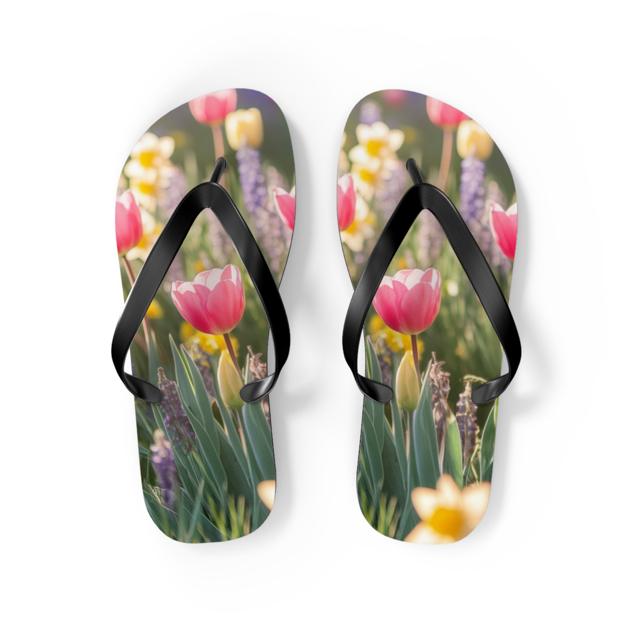 Flip-flops with pink tulips and yellow daffodils pattern.