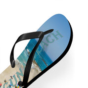 Beach scene with "LAGUNA BEACH" text on a flip-flop.