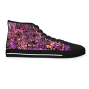 Black high-top sneaker with a colorful floral pattern.