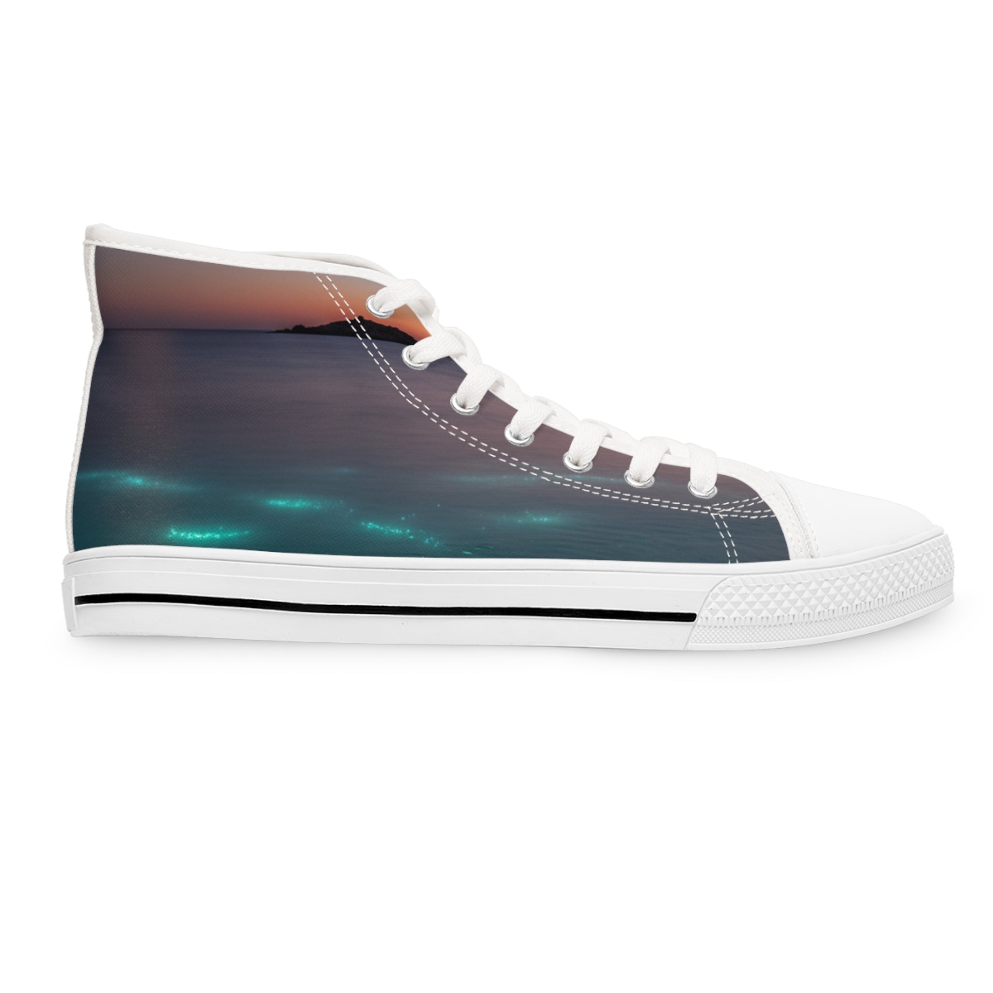 High-top sneaker with a sunset ocean scene and glowing underwater lights.