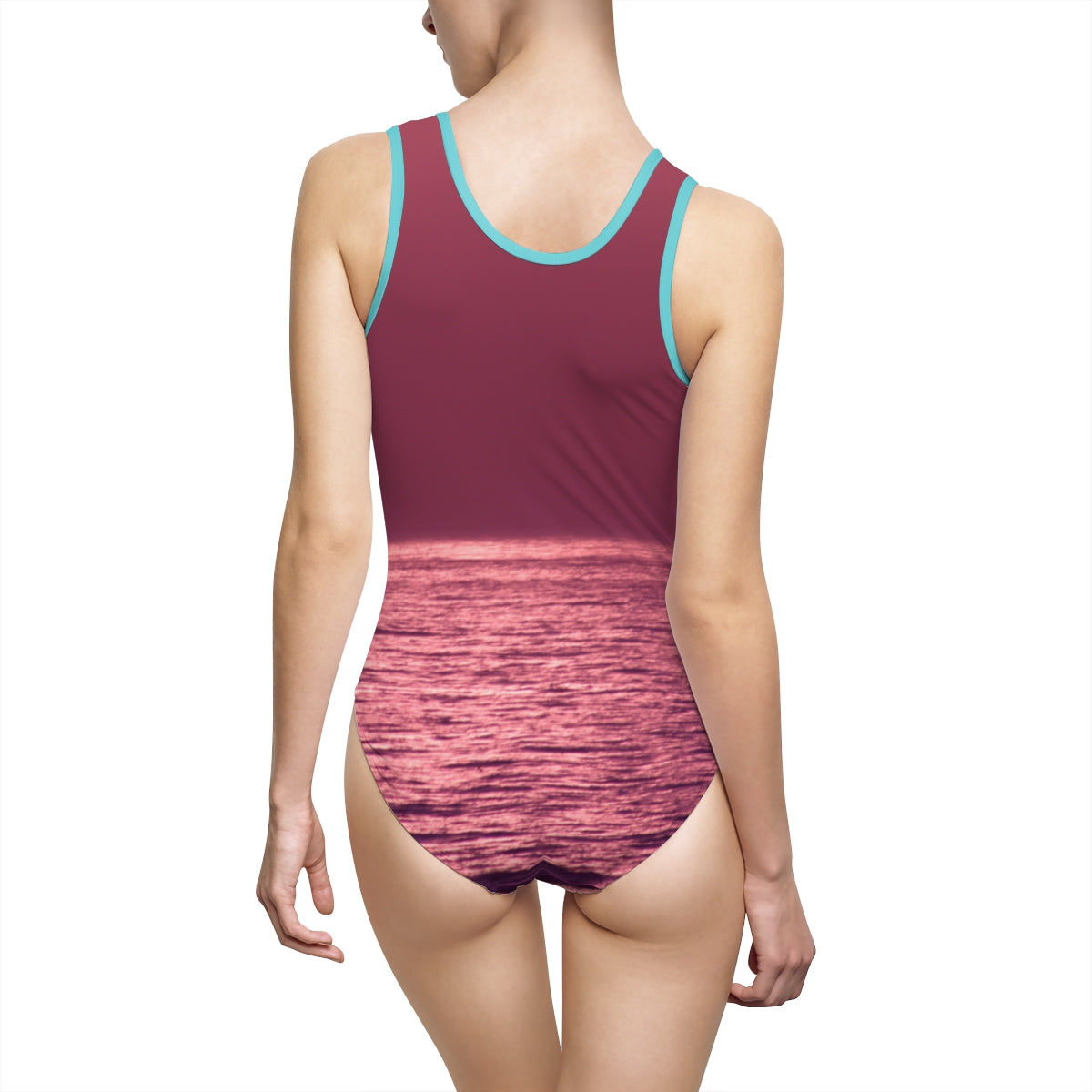 Maroon and Pink Ocean Sunset Print Swimsuit