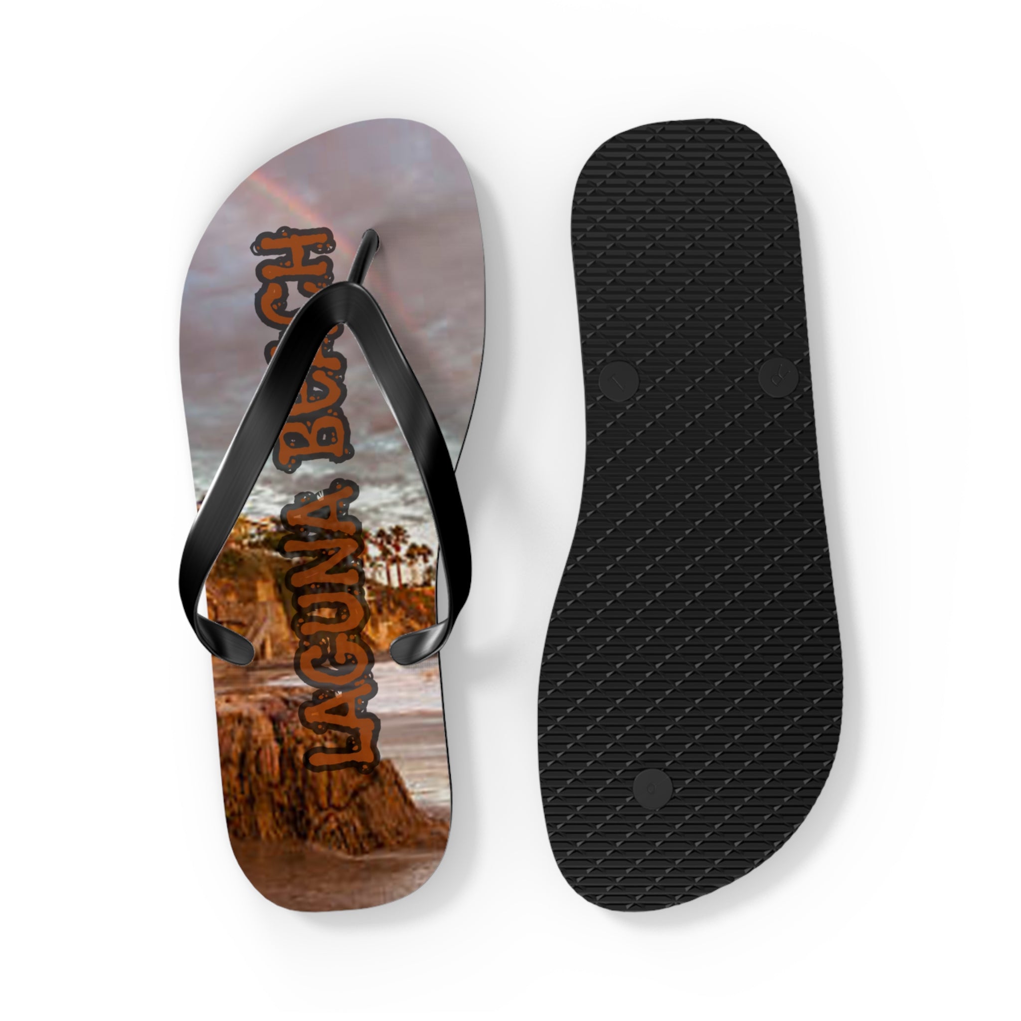 Flip flops with "Laguna Beach" text and a beach scene on the sole.