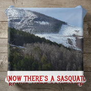 Mountain landscape with power lines and text "KNOW THERE'S A SASQUATCH".