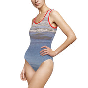 Beach Waves Print Swimsuit With Red Trim