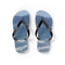 Blue ocean wave flip flops on a white background.